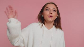 Woman showing inviting gesture with hands, ask to join, beckoning to coming, gesturing hello goodbye video