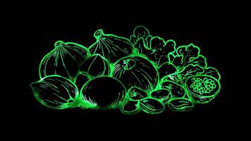 Neon frame effect, Nut - Represents healthy snacks or vegetarian options on black background video