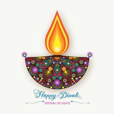 Diwali Diya Oil Lamp in rangoli design, floral pattern. Indian Festival of Lights, India Festive Celebration colorful logo template. illustration isolated on white background