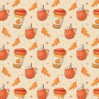 Seamless pattern featuring pumpkin spice latte in paper cups and mugs, adorned with autumn leaves and twinkling stars. illustration for seasonal designs, cozy fall themes, and festive packaging vector