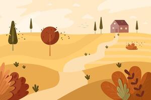 Autumn landscape in flat style, house on the horizon vector