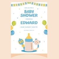 Baby shower party invitation. It's a boy. Invitation with rattle, feeding bottle, teether. Template for party invitation, poster, greeting card. vector