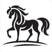 An illustration of a horse with a mane and tail in black and white vector