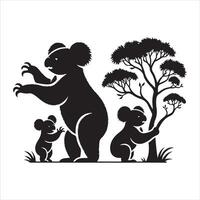 Illustrator art set of a black koala silhouette with a white backdrop vector