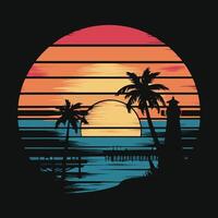 Golden Sunset on the Beach with Coconut Trees or Palm Trees in Silhouette for a T-shirt design vector
