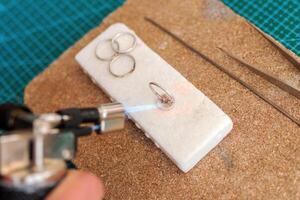 Detailed process of jewelry making with a torch on a white work surface in a creative studio. photo