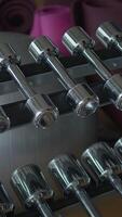 A complete set of gleaming Chrome Dumbbells displayed in a Contemporary Gym Environment video