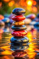 Balanced Stack of Stones on Water Reflection photo
