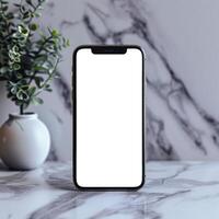 Black smartphone mockup template on marble surface. Front view photo