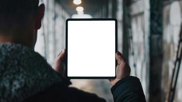 Tablet PC mockup template in persons hand. First person view photo