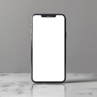 Black smartphone mockup template on marble surface. Front view photo