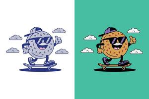 Cute Biscuits, cookie mascot character playing skateboard and retro character illustration vector