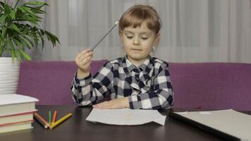 Children making call doing distance education lessons at home. Webcam view video