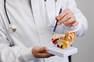 A young attractive otolaryngologist doctor shows a mock-up of an ear and tells a patient about the structure of the ear, close-up photo