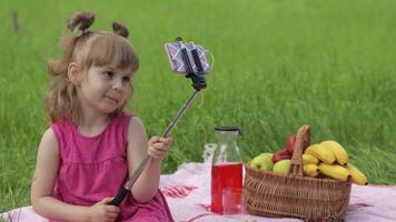 Weekend at picnic. Girl on grass meadow makes selfie on mobile phone with selfie stick. call video