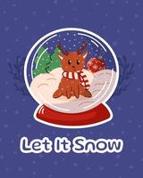 Cute Christmas card with snow globe with a reindeer, snow and festive elements. Perfect for holiday card, decorations and winter themed design. Fun and cheerful atmosphere. vector