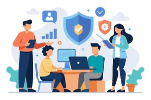 People working on laptops and computers with a shield on the background vector