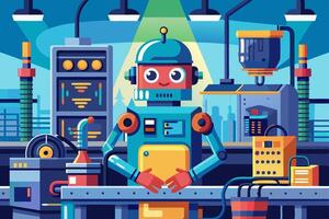 A cartoon robot is working in a factory vector