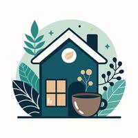 House with coffee cup and plants on the front vector