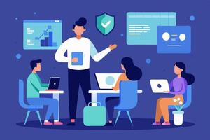 People working in an office with laptops and other items vector