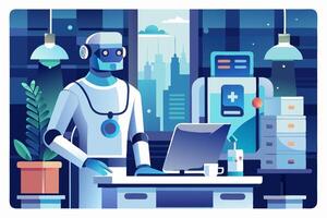 A robot is working on a laptop in a room vector