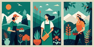 Three different illustrations of people working in the garden vector