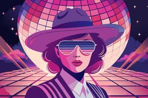 A woman in a hat and sunglasses in front of a disco ball vector