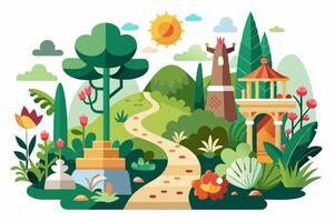 An illustration of a garden with a path and trees vector