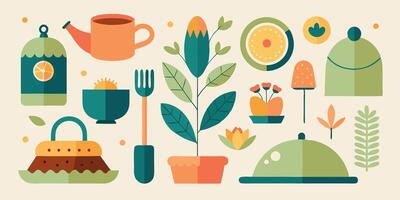 A flat design of various objects including a tea pot, tea kettle, and a plant vector
