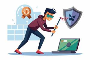 A man with a laptop and a shield vector