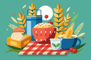 A picnic table with food and drinks vector