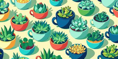 Succulent plants in cups on a yellow background vector