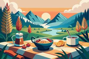 A poster with a picnic table and food on it vector