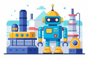 A robot is standing in front of a factory vector