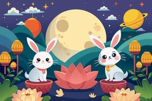 Two rabbits sitting on the water lily pond with the moon in the background vector