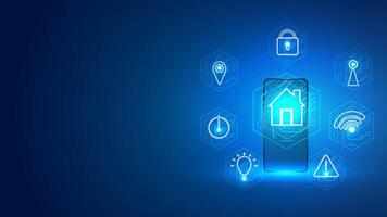 Smart home concepts. Automation technology with icon house monitoring system. Blue lights background vector