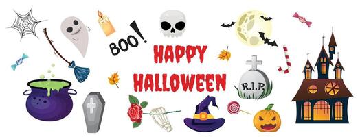 Halloween themed collection featuring a broom, cauldron, spider net, skull, spooky decorations vector
