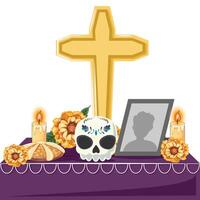 Decorated altar with marigolds, sugar bread, candles and a framed portrait for Dia de los muertos vector