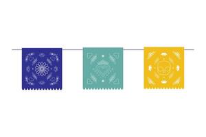 Vibrant papel picado banners in various colors featuring flowers, skulls and decorative patterns vector
