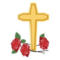 Elegant religious cross with red roses placed at the bottom, representing devotion vector