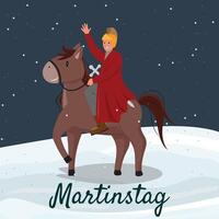 Martinstag scene, man on a horse with sword, symbolizing St. Martins Day, snowy winter setting vector