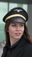 A Female Pilot in a Professional Uniform, Complete with Cap, Embodying Confidence and Dedication video