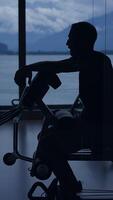 A Silhouette of a Person Working Out in a Gym with a Beautiful Scenic View Outside video