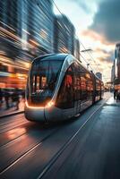 tram on the street of a modern city photo