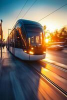 tram on the street of a modern city photo