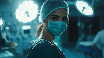 Close-up of a health worker in a cap and mask photo