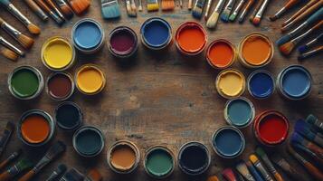 Colorful paint cans forming a circle on a wooden table with paintbrushes photo