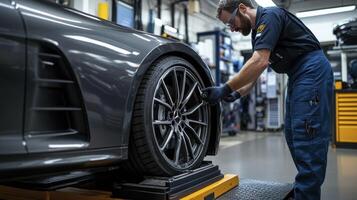 Mechanic adjusting alignment of car wheel in auto repair shop photo
