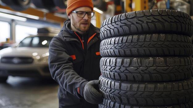 Auto mechanic pushing stack of winter tires in workshop photo