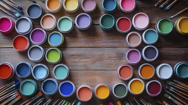 Open paint cans forming colorful frame on wooden table photo